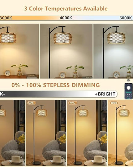 Arc Floor Lamp with Remote, Dimmable Rattan Floor Lamp with LED Bulb, Boho Farmhouse Tall Pole Lamp with Rattan & Fabric Shades, Modern Black Standing Lamps for Living Room Bedroom Nursery - LeafyLoom