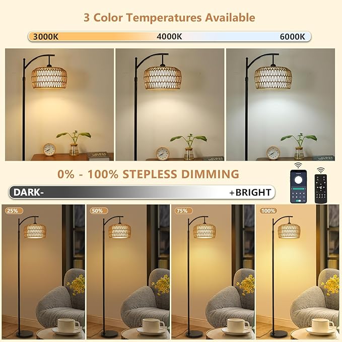 Arc Floor Lamp with Remote, Dimmable Rattan Floor Lamp with LED Bulb, Boho Farmhouse Tall Pole Lamp with Rattan & Fabric Shades, Modern Black Standing Lamps for Living Room Bedroom Nursery - LeafyLoom