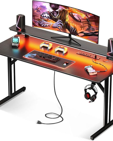 MOTPK Gaming Desk with LED Lights & Power Outlets, 47 Inch Computer Desk Gaming Table with Monitor Shelf, Gamer Desk with Carbon Fiber Texture, Kids Boys Desk Gift for Men - LeafyLoom