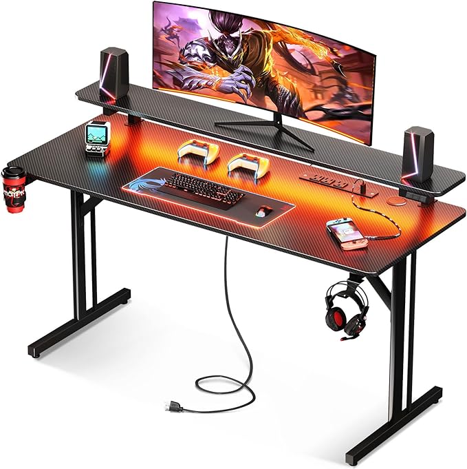 MOTPK Gaming Desk with LED Lights & Power Outlets, 47 Inch Computer Desk Gaming Table with Monitor Shelf, Gamer Desk with Carbon Fiber Texture, Kids Boys Desk Gift for Men - LeafyLoom
