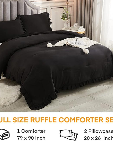 Andency Black Full Size Comforter Set, 3 Pieces Ruffle Farmhouse Shabby Chic Bedding Comforter & Sets, Soft Lightweight Fluffy All Season Down Alternative Bed Set for Boys Kids Men Women - LeafyLoom