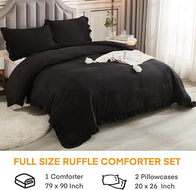 Andency Black Full Size Comforter Set, 3 Pieces Ruffle Farmhouse Shabby Chic Bedding Comforter & Sets, Soft Lightweight Fluffy All Season Down Alternative Bed Set for Boys Kids Men Women - LeafyLoom