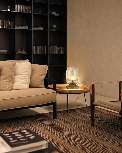 Bedside Table Lamp Mid Century Glass Table Lamps Modern Globe Table lamp Gold Desk lamp nightstand lamp with Amber Pumpkin Design with Ribbed Glass Shade for Bedroom Living Room Office - LeafyLoom