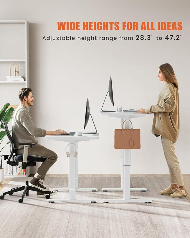 Electric Standing Desk Adjustable Height Stand Up Desk, 48" x 24" Sit Stand Desk, Low Noise Home Office Desk, Computer Desk with Splice Board, Child Lock & Memory Function, White - LeafyLoom