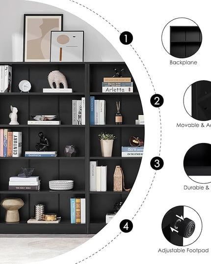 Farini Black Bookshelf for Bedroom 5 Shelf Office Bookcase 60 Inches Tall Modern Wood Bookshelf for Living Room 5 Tier Wide Manga Bookshelf Library Bookcase - LeafyLoom