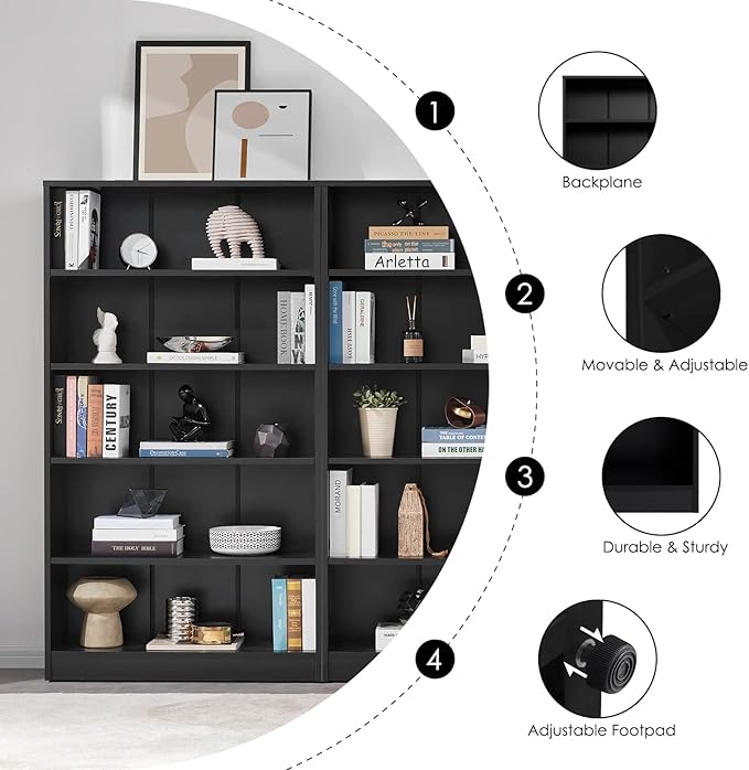 Farini Black Bookshelf for Bedroom 5 Shelf Office Bookcase 60 Inches Tall Modern Wood Bookshelf for Living Room 5 Tier Wide Manga Bookshelf Library Bookcase - LeafyLoom