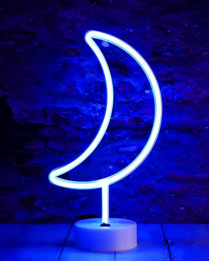 Neon Moon Lights, LED Moon Decor Neon Signs Crescent Night Lights Art Decorations Lamp for Party Supplies, Children Kids Girls Gift-Moon with Holder Base(Blue) - LeafyLoom