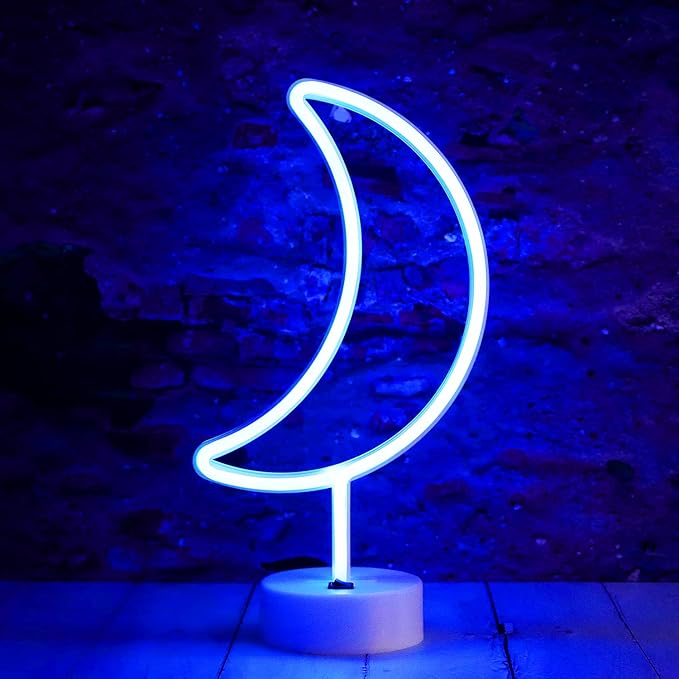 Neon Moon Lights, LED Moon Decor Neon Signs Crescent Night Lights Art Decorations Lamp for Party Supplies, Children Kids Girls Gift-Moon with Holder Base(Blue) - LeafyLoom