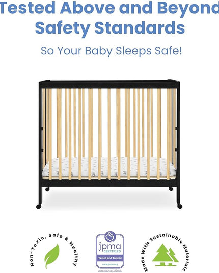 Delta Children Mia Portable Folding Mini Crib with 1.5-Inch Mattress - Greenguard Gold Certified, Ebony Black/Natural - LeafyLoom