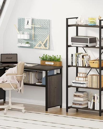 FATORRI 5 Tier Industrial Bookshelf, Rustic Etagere Bookcase for Display, Vintage Shelving Unit Wood and Metal Tall Book Shelves for Home Office (Walnut Brown) - LeafyLoom