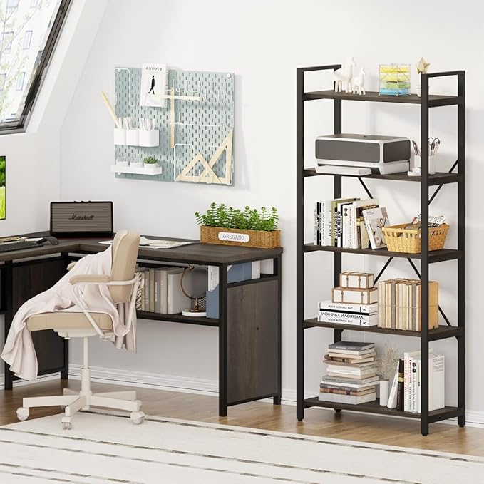 FATORRI 5 Tier Industrial Bookshelf, Rustic Etagere Bookcase for Display, Vintage Shelving Unit Wood and Metal Tall Book Shelves for Home Office (Walnut Brown) - LeafyLoom