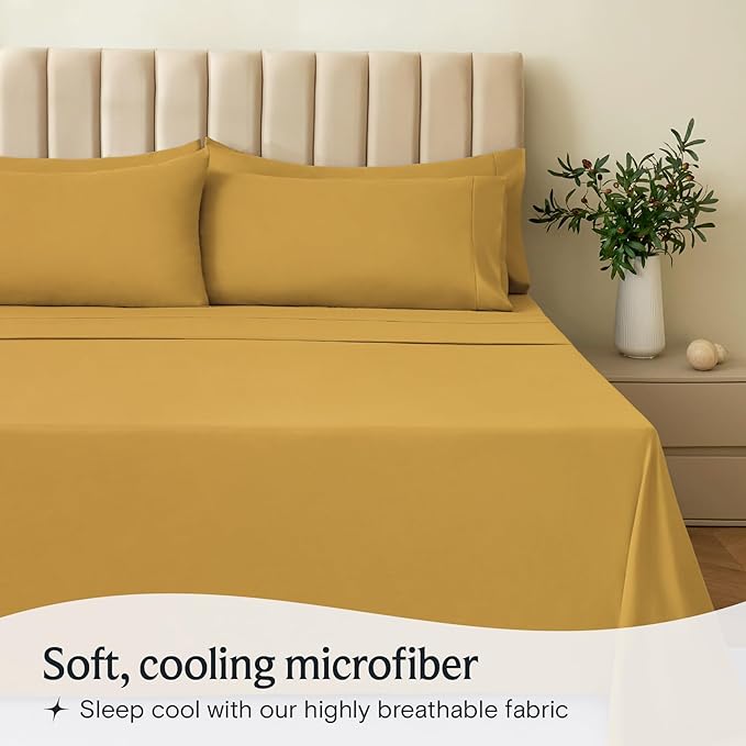 LuxClub 6 PC California King Sheet Set, Breathable Luxury Bed Sheets, Deep Pockets 18" Wrinkle Free Cooling Sheets Machine Washable Hotel Bedding Silky Soft - Medallion Gold Cal King - LeafyLoom