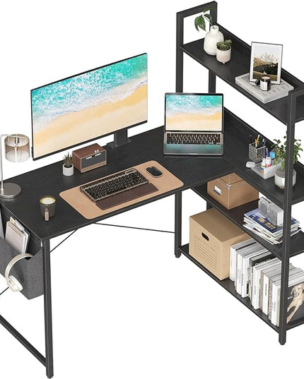 Treesland 47 Inch Computer Desk with Bookshelf, Corner Desk with Storage, L Shaped Desk, Home Office Desks, Writing Study Desk for Bedroom, Black - LeafyLoom