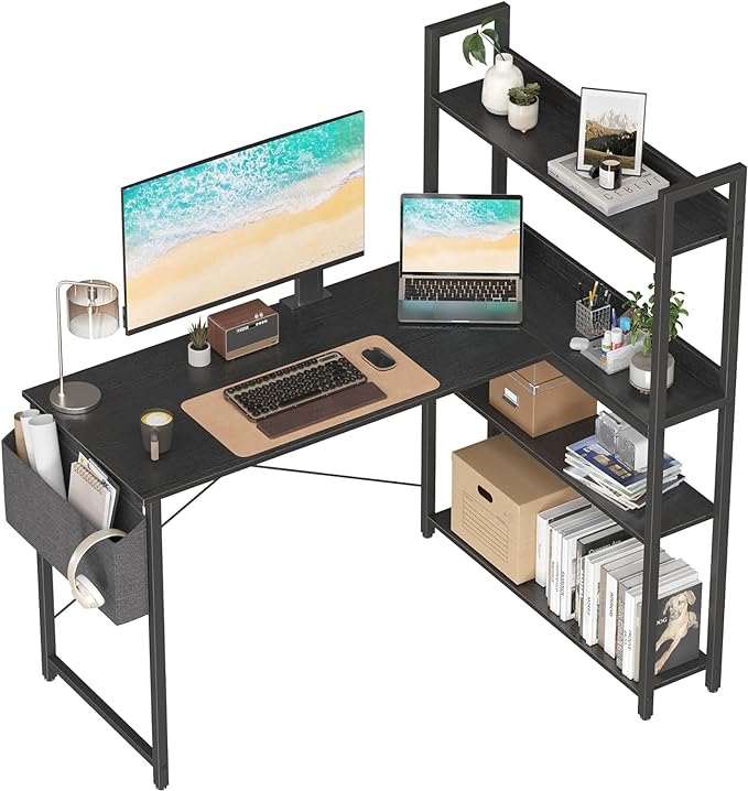 Treesland 47 Inch Computer Desk with Bookshelf, Corner Desk with Storage, L Shaped Desk, Home Office Desks, Writing Study Desk for Bedroom, Black - LeafyLoom