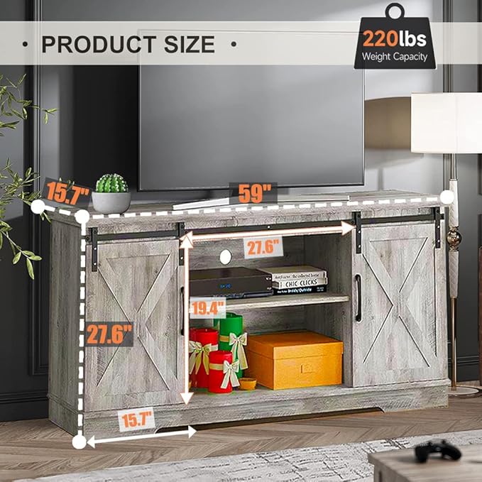 Farmhouse TV Stand for 65 Inch TV Entertainment Center TV Media Console Cabinet, Grey TV Stand with Storage, Barn Doors and Shelves, Tall Modern TV Console Table Furniture for Living Bedroom - LeafyLoom