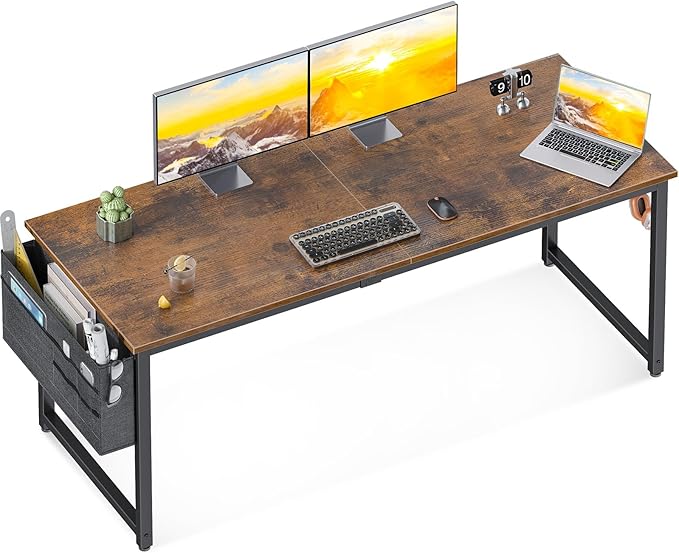 ODK Computer Desk Large Office Desk, 63 Inch Writing Desk with Storage, Modern PC Desk Work Table with Headphone Hook for Home Office, Spliced Tabletop, Rustic Brown - LeafyLoom