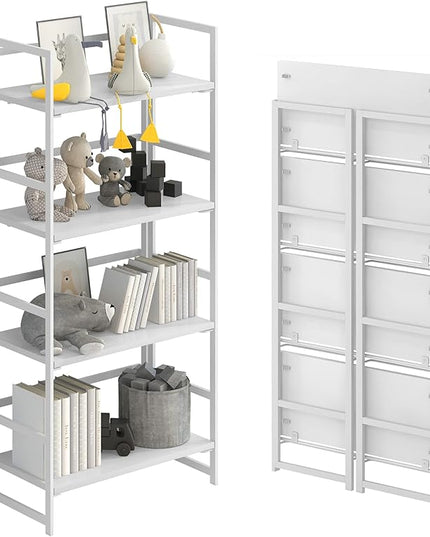 No-Assembly Folding Bookshelf Storage Shelves 4 Tiers Vintage Multifunctional Plant Flower Stand Storage Rack Shelves Bookcase for Home Office(All White) - LeafyLoom