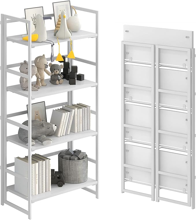 No-Assembly Folding Bookshelf Storage Shelves 4 Tiers Vintage Multifunctional Plant Flower Stand Storage Rack Shelves Bookcase for Home Office(All White) - LeafyLoom