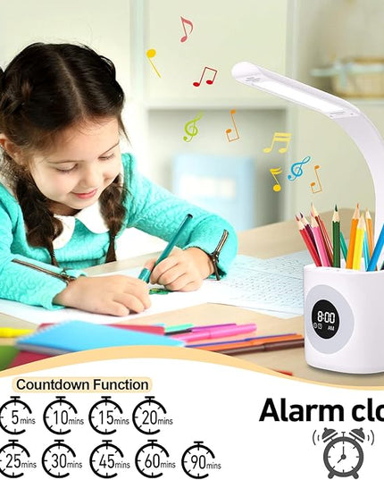 YOUKOYI LED Desk Lamp with Clock, Kids Desk Lamp, 10W Dimmable Study Lamp with Pen Holder, 4 Lighting Modes&5 Brightness Level with Color Changing Nightlight, Desk Lamps for Home Office, Gift for Kids - LeafyLoom