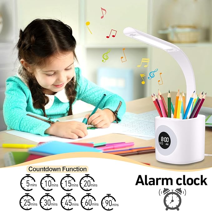 YOUKOYI LED Desk Lamp with Clock, Kids Desk Lamp, 10W Dimmable Study Lamp with Pen Holder, 4 Lighting Modes&5 Brightness Level with Color Changing Nightlight, Desk Lamps for Home Office, Gift for Kids - LeafyLoom