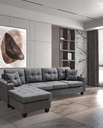 L-Shape Sectional, with 2 Throw Pillows, Side Pocket and Cupholders, Convertible Corner Sofa w/Armrest, Left Chaise Longue, for Living Room & Apartment, 96Inch, Gray - LeafyLoom