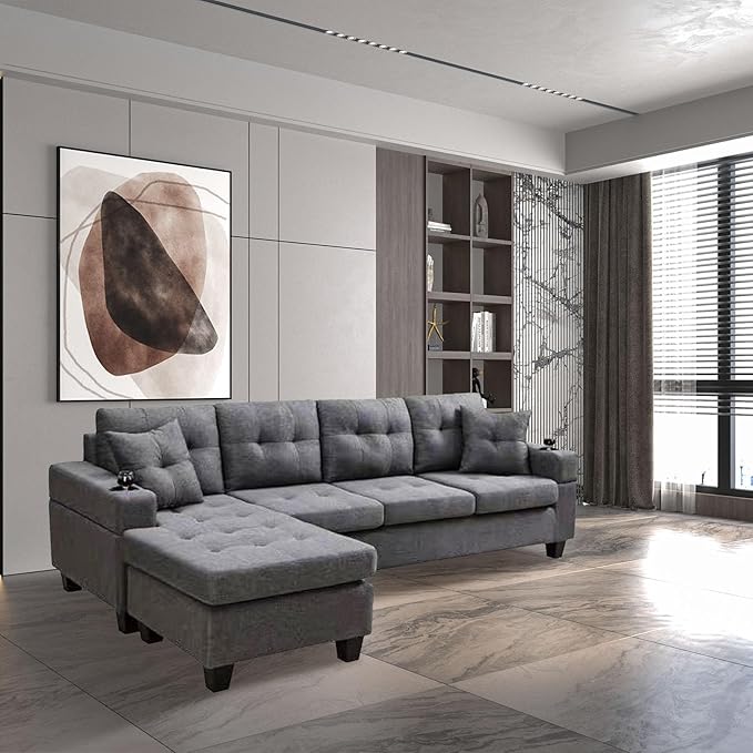 L-Shape Sectional, with 2 Throw Pillows, Side Pocket and Cupholders, Convertible Corner Sofa w/Armrest, Left Chaise Longue, for Living Room & Apartment, 96Inch, Gray - LeafyLoom