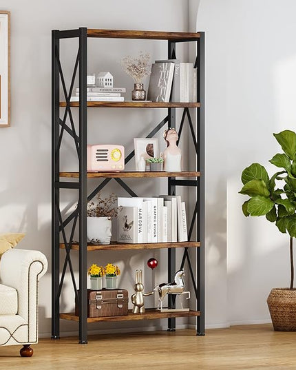 5-Tier Bookshelf,Wood Bookcase,Book Shelf with Steel Frame, Storage Rack with Open Shelves, Rustic Standing Bookshelves Ladder Shelf 110lbs/shelf for Bedroom,Living Room and Home Office - LeafyLoom