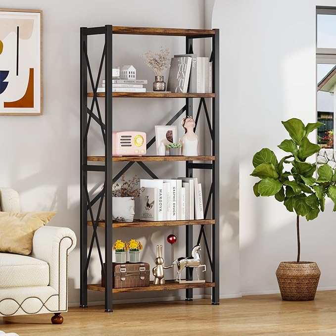 5-Tier Bookshelf,Wood Bookcase,Book Shelf with Steel Frame, Storage Rack with Open Shelves, Rustic Standing Bookshelves Ladder Shelf 110lbs/shelf for Bedroom,Living Room and Home Office - LeafyLoom