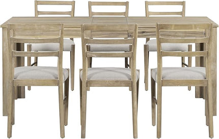 7 Piece Extendable Wooden Dining Table Set with 6 Upholstered Chairs, 12" Leaf and 2 Drawers, Natural Wood Wash - LeafyLoom