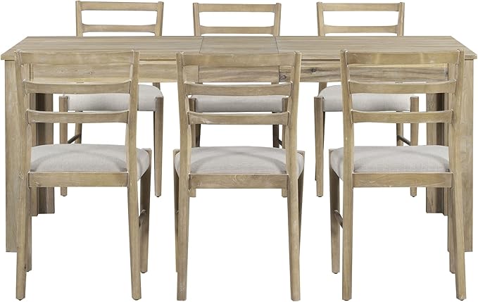 7 Piece Extendable Wooden Dining Table Set with 6 Upholstered Chairs, 12" Leaf and 2 Drawers, Natural Wood Wash - LeafyLoom
