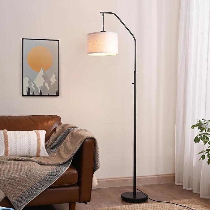 DEWENWILS Black Dimmable Arched Floor Lamp, Stepless Dimmable Corner Lamp with Hanging Lampshade, Standing Tall Arc Lamps for Living Room Corner, Bedroom, Office, LED Bulb Included - LeafyLoom