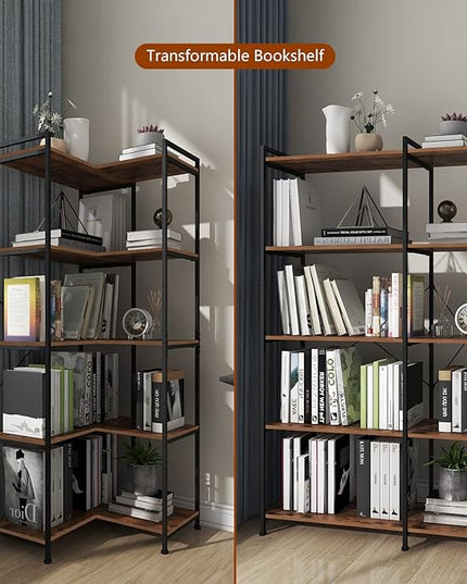 Bookshelf 5 Tier Deformable Corner Bookcase Free Standing Modern Industrial Book Storage Display Book Shelf for Bedroom Living Room Study Room Office (Brown) - LeafyLoom