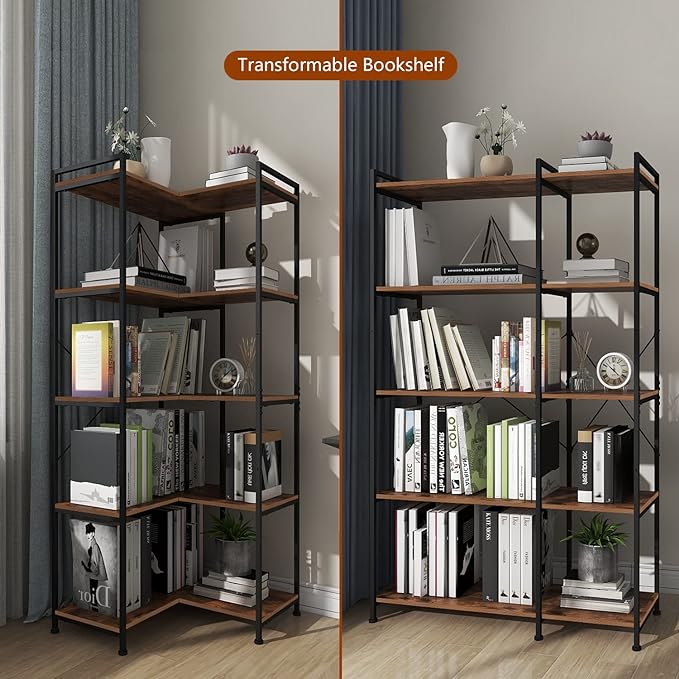 Bookshelf 5 Tier Deformable Corner Bookcase Free Standing Modern Industrial Book Storage Display Book Shelf for Bedroom Living Room Study Room Office (Brown) - LeafyLoom