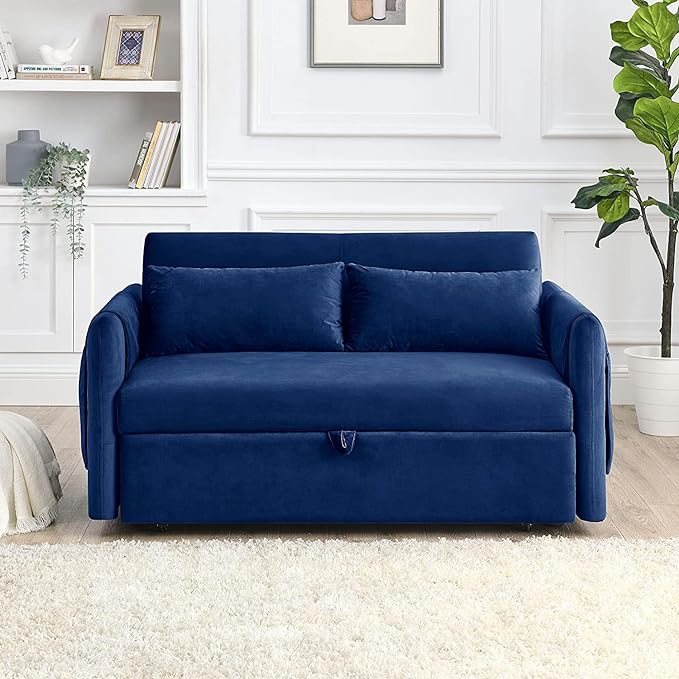 3 in 1 Sleeper Sofa Grid Design Armrests and 2 Pillows,Modern Convertible Loveseat Sofá W Pull Out Sleep Couch Bed,Velvet Upholstered Love Seat TV Sofabed for Living Room, 55", Blue1 - LeafyLoom