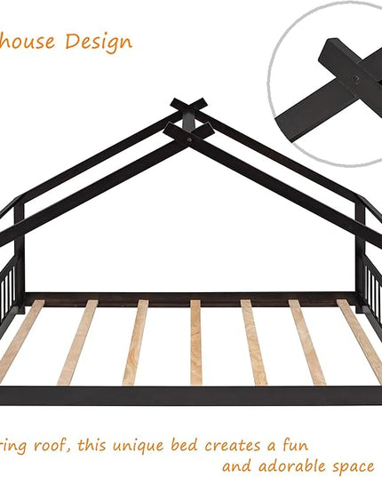 Bellemave Wood Montessori Full Size Bed Frame, Espresso - Playhouse Design, Sturdy, Safety, No Box Spring Needed, Easy Assemble - LeafyLoom