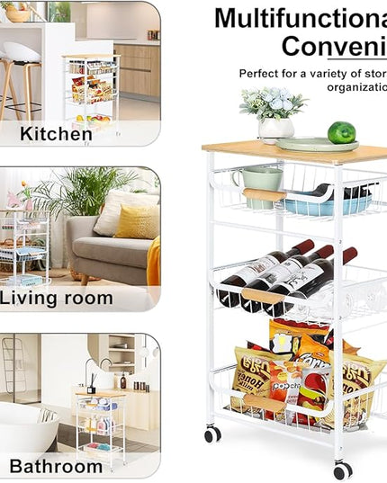 HEOMU 4 Tier Rolling Kitchen Storage Cart, Metal Microwave Stand Kitchen Island Cart on Wheels with Storage for Kitchen, Bathroom, Living Room, Bar, Office, White - LeafyLoom