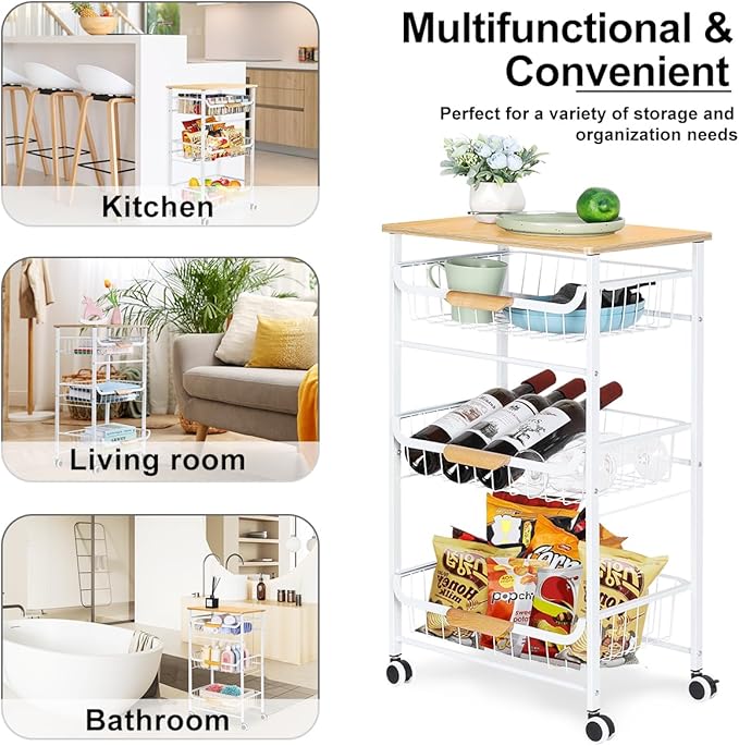 HEOMU 4 Tier Rolling Kitchen Storage Cart, Metal Microwave Stand Kitchen Island Cart on Wheels with Storage for Kitchen, Bathroom, Living Room, Bar, Office, White - LeafyLoom
