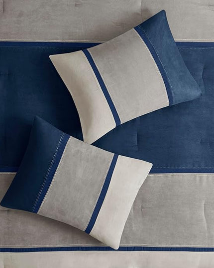 Madison Park Palisades Comforter Set Modern Faux Suede Pieced Stripe Design, All Season Down Alternative Cozy Bedding with Matching Shams, Decorative Pillows, Cal King(104"x92"), Blue 7 Piece - LeafyLoom