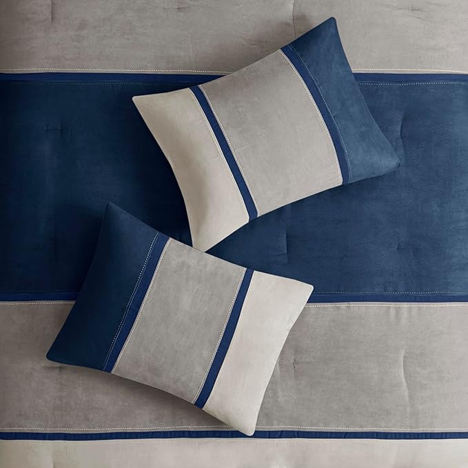 Madison Park Palisades Comforter Set Modern Faux Suede Pieced Stripe Design, All Season Down Alternative Cozy Bedding with Matching Shams, Decorative Pillows, Cal King(104"x92"), Blue 7 Piece - LeafyLoom