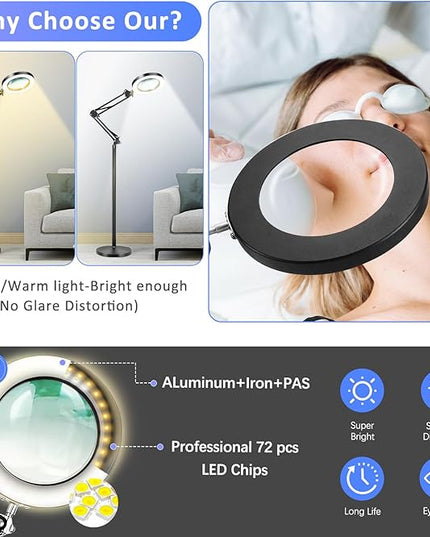 3-in-1 Large Floor Magnifying Glass with Light and Stand,10X Magnifying Glass for Reading,Adjustable 72 LED Light Stepless Dimmable,Floor Magnifier Lamp for Close Work,Sewing, Crafts - LeafyLoom