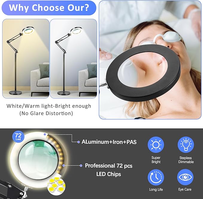 3-in-1 Large Floor Magnifying Glass with Light and Stand,10X Magnifying Glass for Reading,Adjustable 72 LED Light Stepless Dimmable,Floor Magnifier Lamp for Close Work,Sewing, Crafts - LeafyLoom