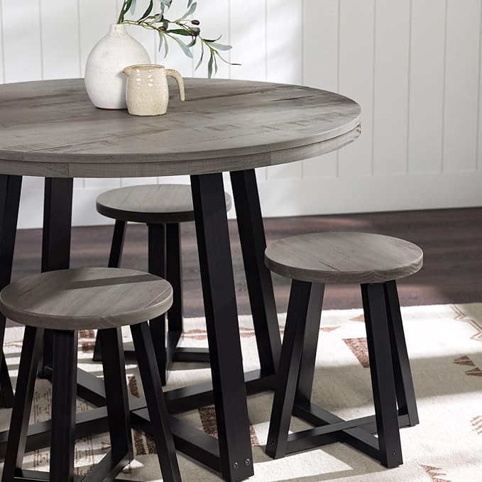 Walker Edison Rustic Solid Wood Distressed Round Kitchen Dining Room Table, 42 Inch, Grey - LeafyLoom