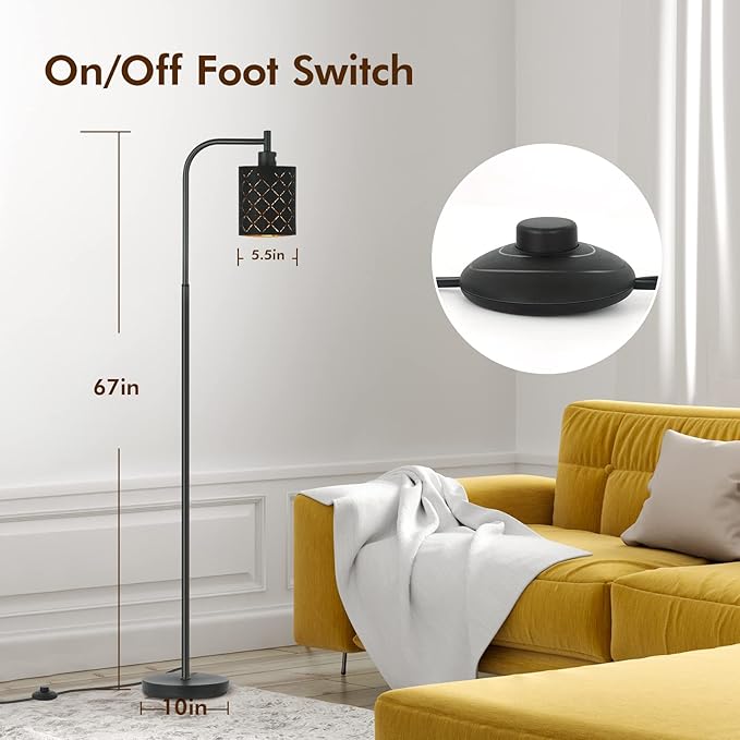 Floor Lamp for Bedroom, LED Floor Lamps for Living Room with 6W LED Bulb, Foot Switch, Farmhouse Modern Standing Lamps for Bedroom with Decorative Cutout Lampshade, Arc Vintage Stand up Light, Black - LeafyLoom