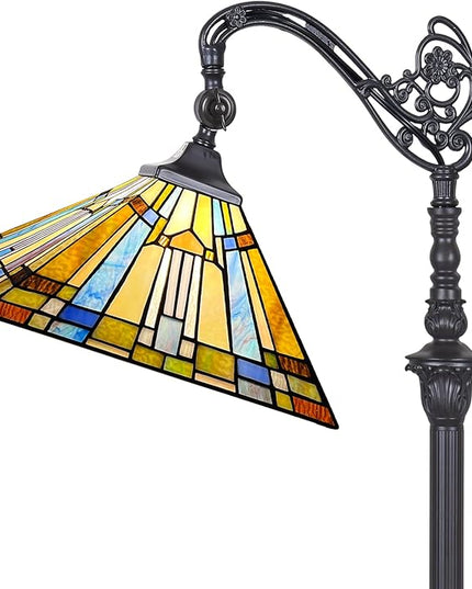 Capulina Tiffany Floor Lamp H62 Tall Antique Mission Style Stained Glass Soft Light Arched Gooseneck Adjustable Angle Reading Lamp for Living Room Bedroom - LeafyLoom