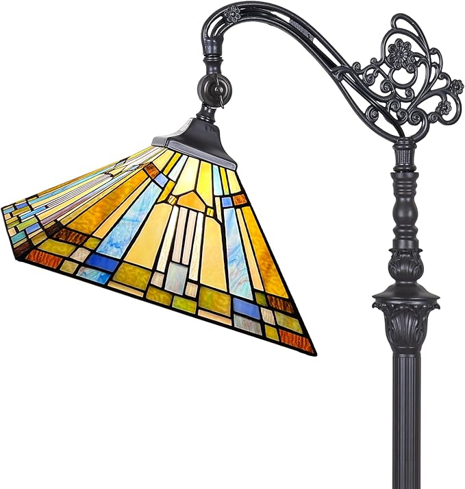 Capulina Tiffany Floor Lamp H62 Tall Antique Mission Style Stained Glass Soft Light Arched Gooseneck Adjustable Angle Reading Lamp for Living Room Bedroom - LeafyLoom