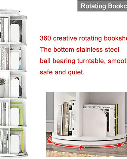 5 Tier Rotating Bookshelf 360° Revolving Bookcase Modern Tall Book Shelf Storage Display Rack Floor Standing Shelves with Baffle for Home Living Room Study Office White 63''X18''X18'' - LeafyLoom