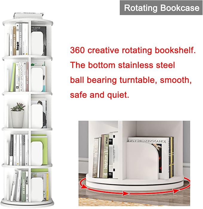 5 Tier Rotating Bookshelf 360° Revolving Bookcase Modern Tall Book Shelf Storage Display Rack Floor Standing Shelves with Baffle for Home Living Room Study Office White 63''X18''X18'' - LeafyLoom