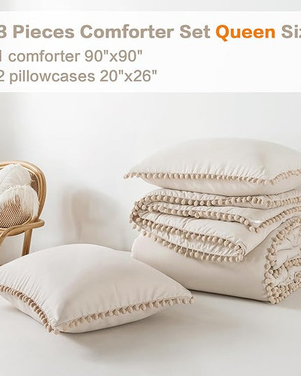 Litanika Queen Size Comforter Set Beige,3 Pieces Beige Boho Pom Pom Lightweight Bed Comforter, All Season Soft Solid Color Bedding Comforter Sets (1 Comforter 90x90 Inch, 2 Pillowcases) - LeafyLoom