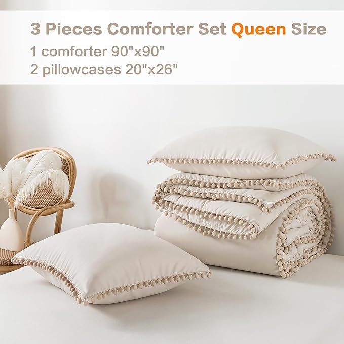 Litanika Queen Size Comforter Set Beige,3 Pieces Beige Boho Pom Pom Lightweight Bed Comforter, All Season Soft Solid Color Bedding Comforter Sets (1 Comforter 90x90 Inch, 2 Pillowcases) - LeafyLoom