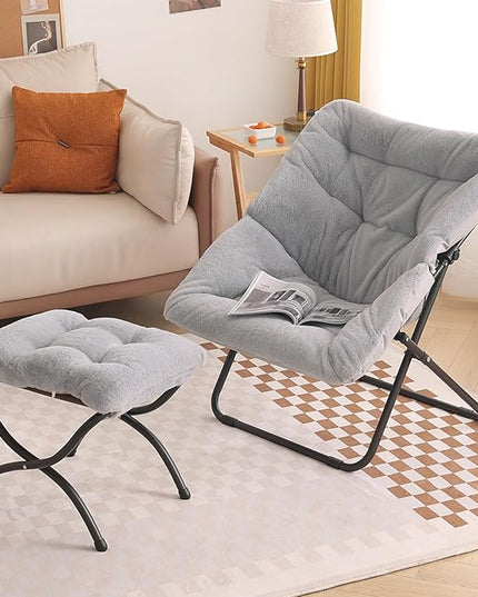 Tiita Saucer Chair with Ottoman, Soft Faux Fur Oversized Folding Accent Chair,Lounge Lazy Chair, Metal Frame Moon Chair for Bedroom, Living Room, Dorm Rooms, Garden and Courtyard - LeafyLoom